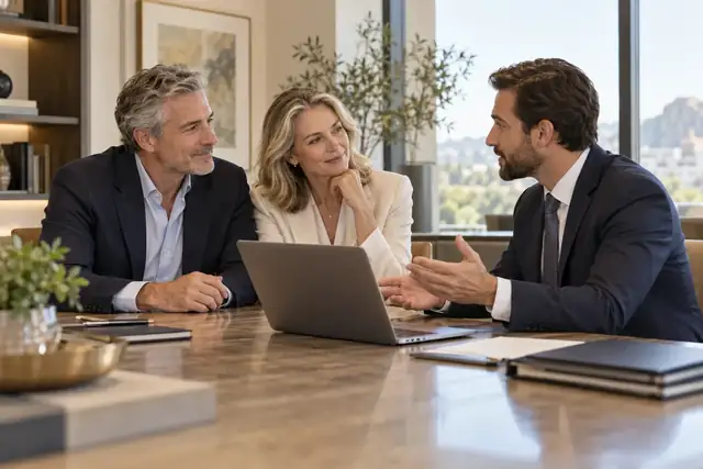 An advisor talking a couple through their plan at a meeting table