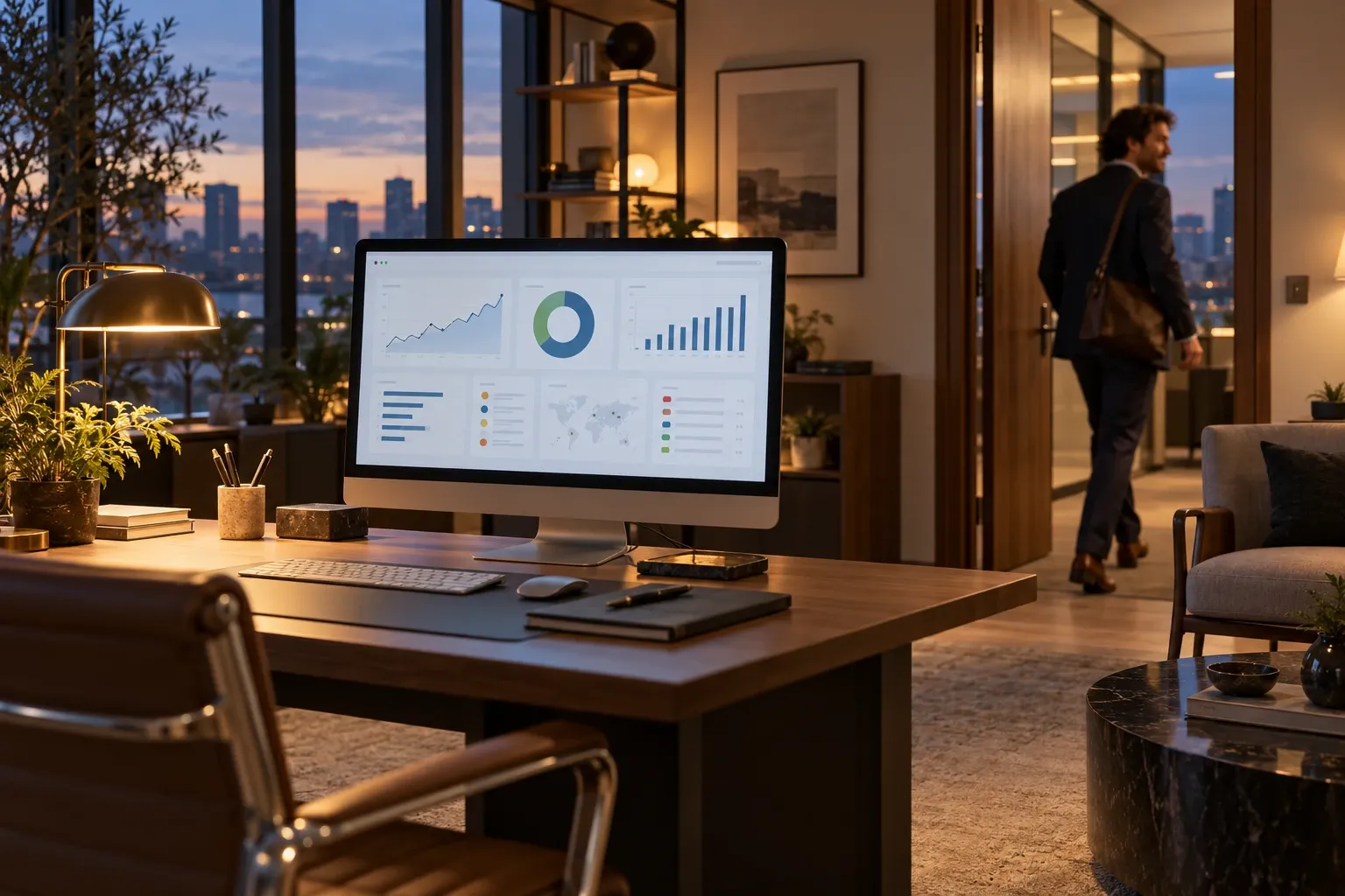 An office still running at dusk, its dashboard live, as the owner walks out
