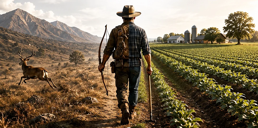 A hunter with a bow walks out of the wild and onto a farm path