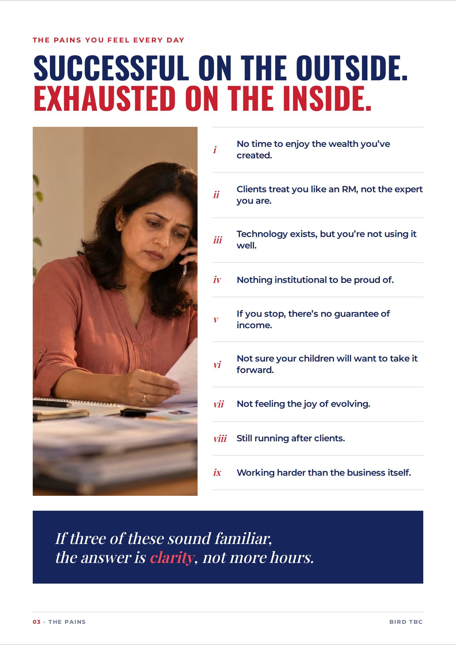 Page 3: Successful on the outside, exhausted on the inside. The nine pains.