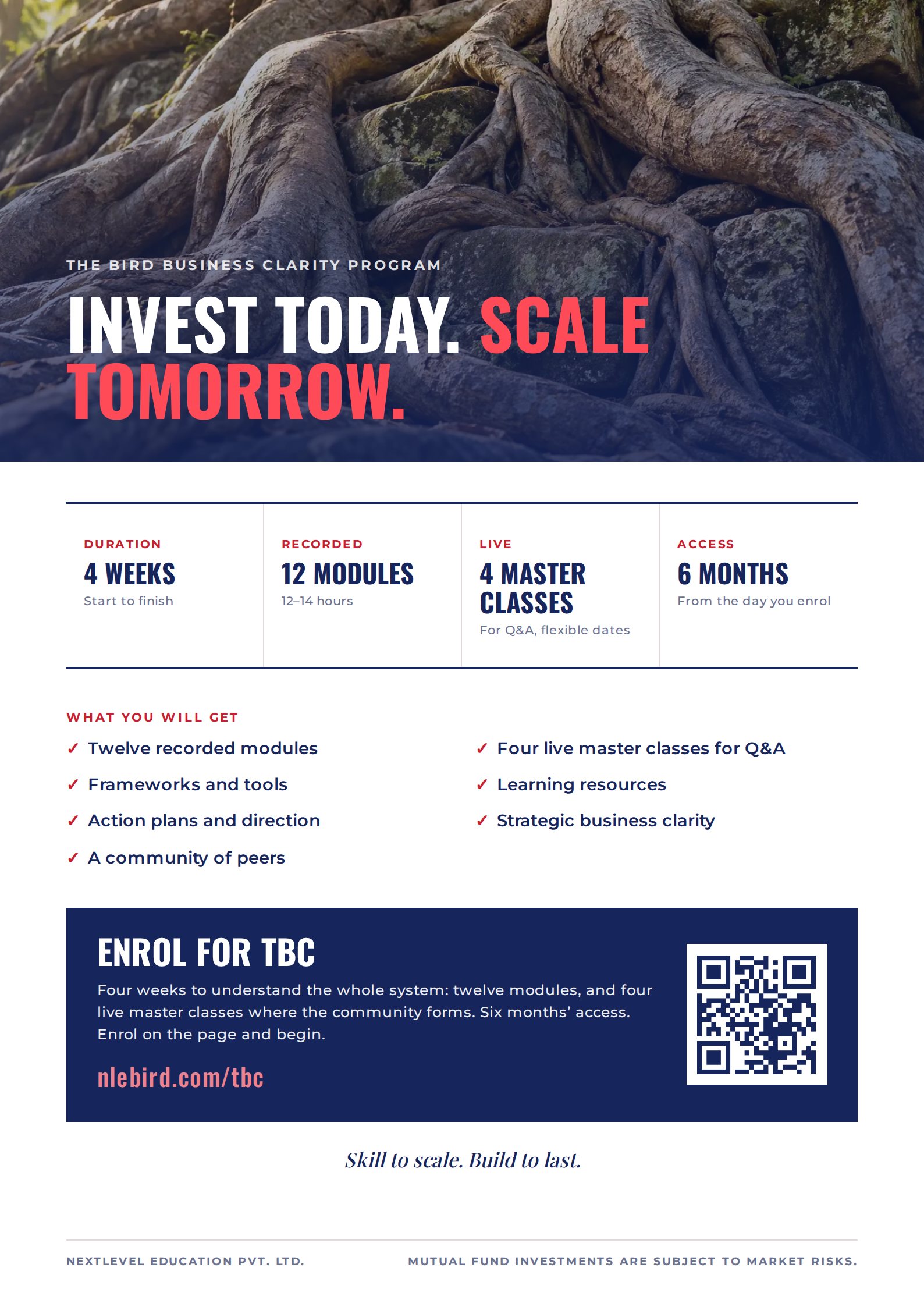Back cover: Invest today, scale tomorrow. Four weeks, twelve recorded modules, four live master classes for Q&A, six months&rsquo; access. Enrol at nlebird.com/tbc.
