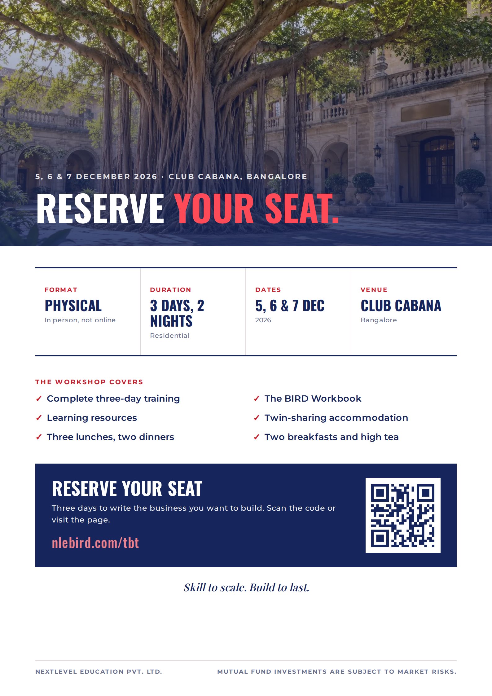 Back cover: Reserve your seat. 5, 6 and 7 December 2026, Club Cabana, Bangalore. nlebird.com/tbt.