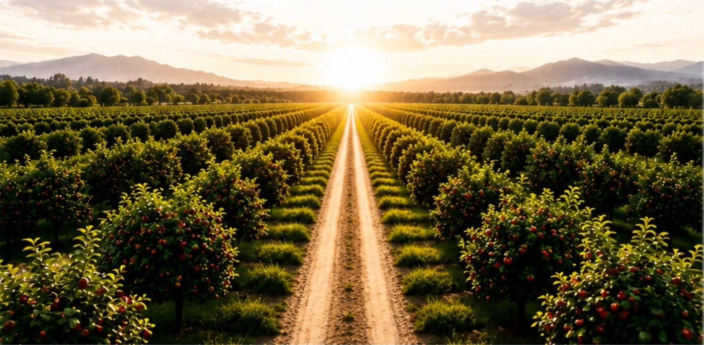 An orchard at sunrise, a path running between the rows
